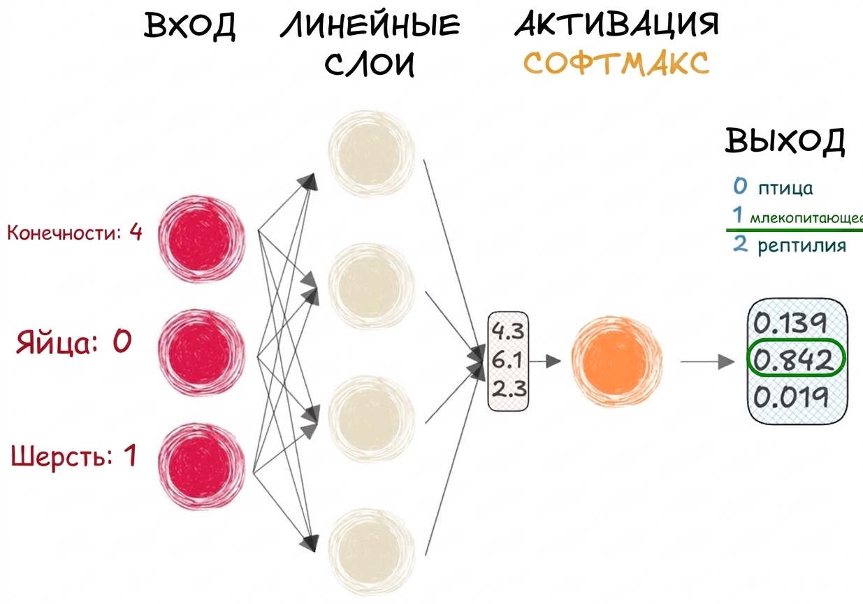 Схема части нейронной сети с входами, вектором на выходе линейных слоёв, функцией активации softmax и выходом