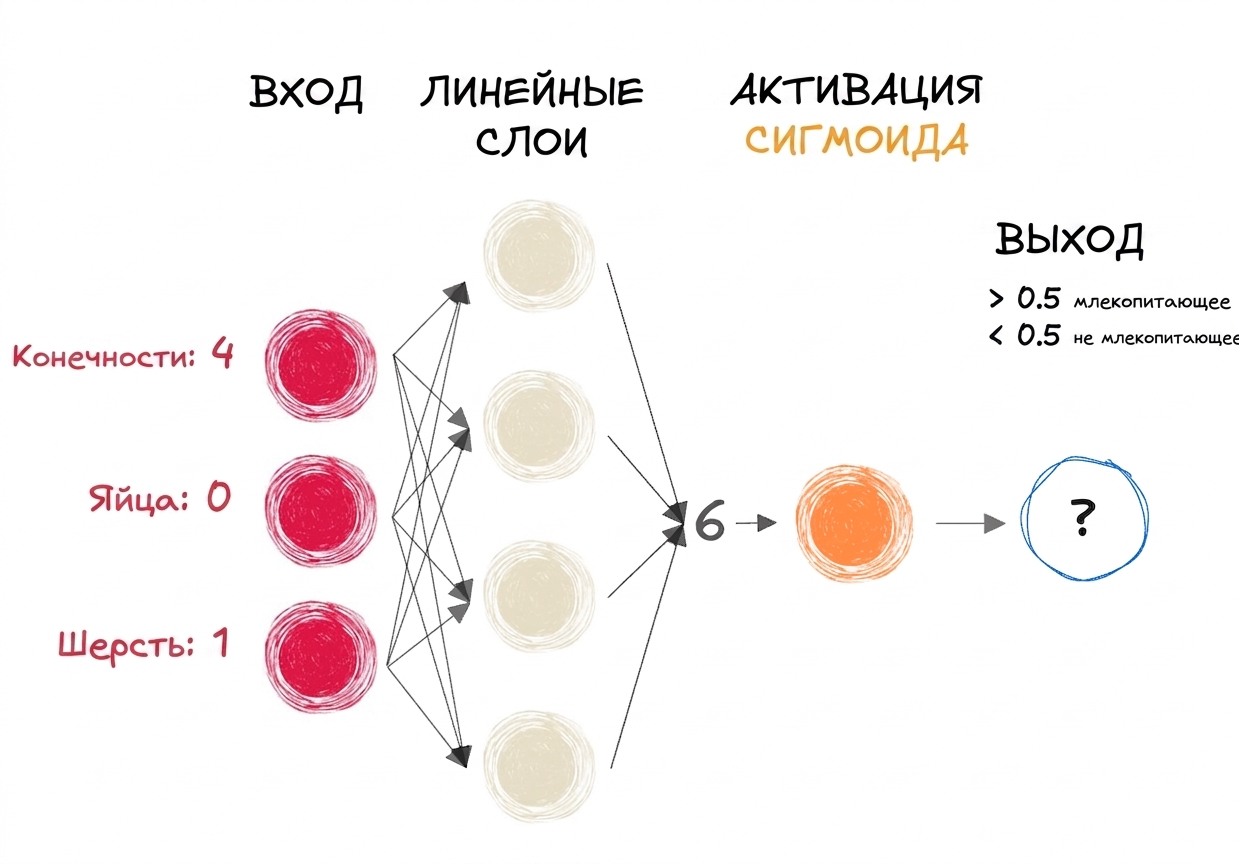 Схема части нейронной сети с входами, числом 6 на выходе линейных слоёв, функцией активации sigmoid и выходным значением