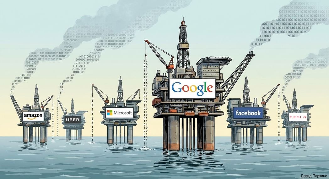 Иллюстрация из журнала Economist о тезисе «данные — новая нефть» с логотипами технологических компаний на нефтяных вышках.