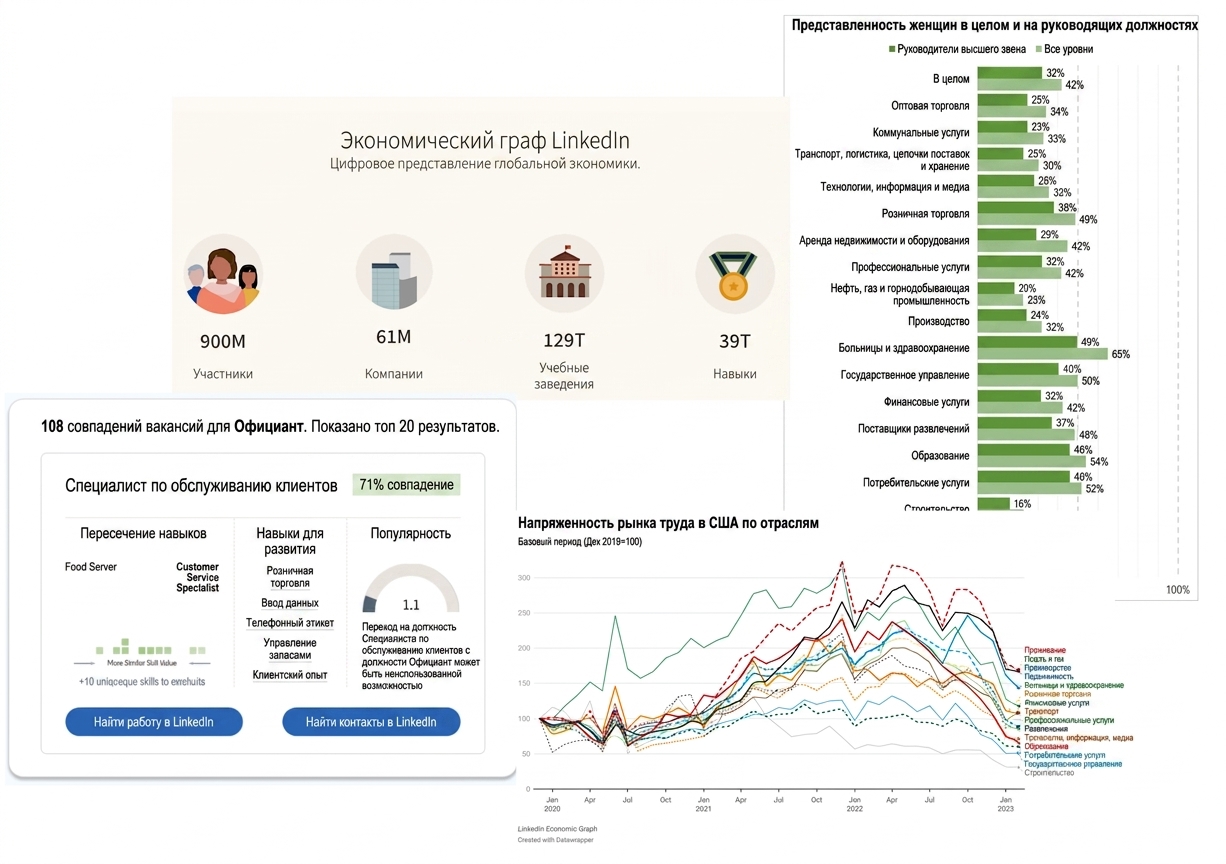 Коллаж с элементами проекта LinkedIn Economic Graph.