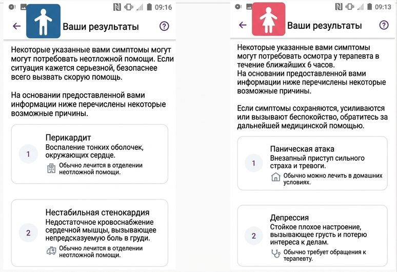 Скриншот диагностики медицинского приложения: симптомы сердечного приступа у мужчины и женщины.