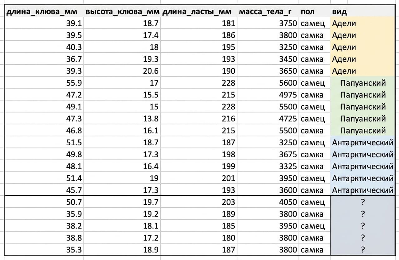 Screenshot of penguins dataset