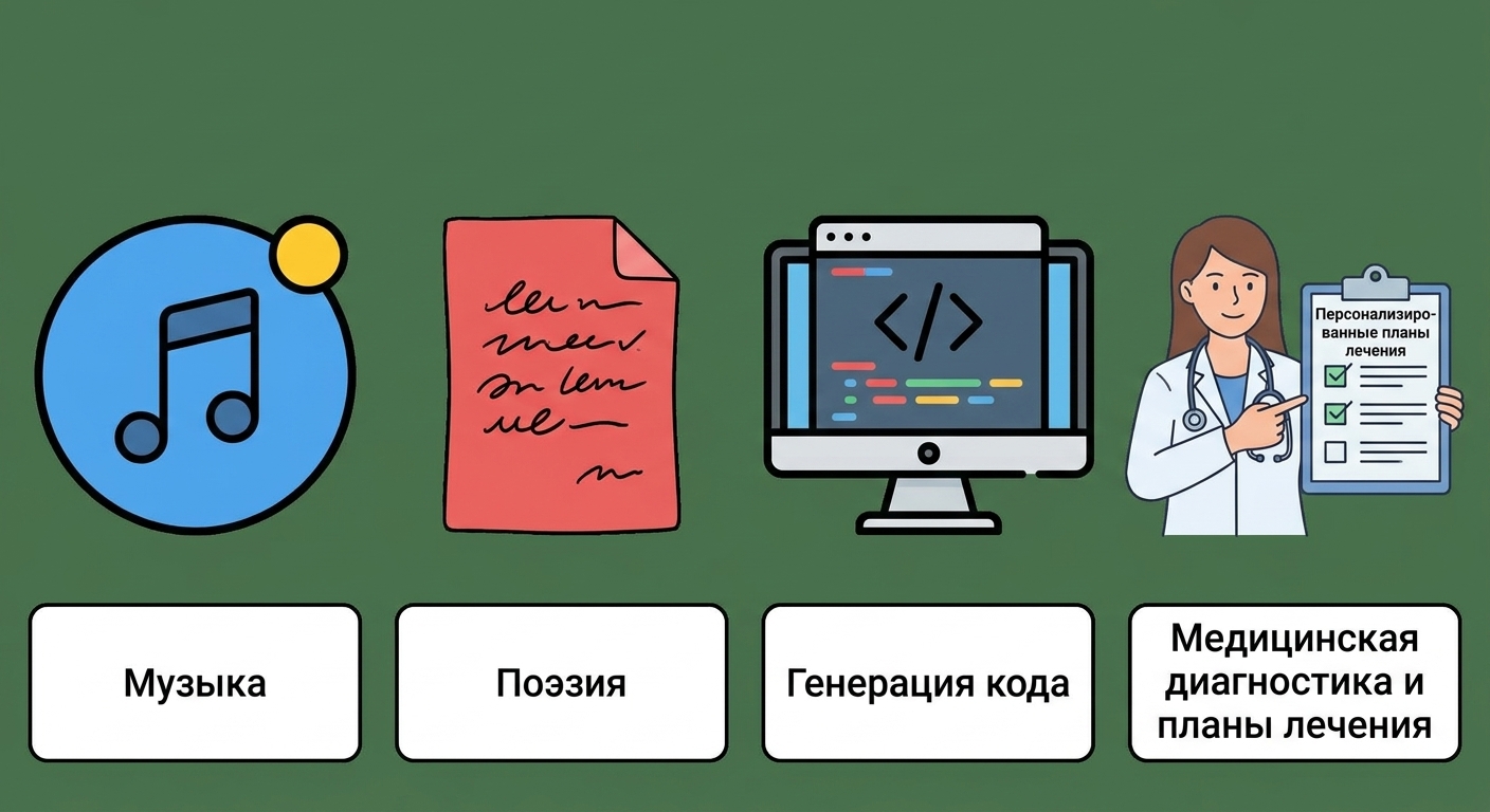 Изображение, показывающее новые возможности: создание музыки, поэзии, кода, медицинская диагностика и лечение