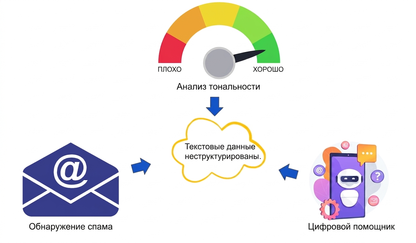 Изображение, показывающее анализ тональности, обнаружение спама и цифровые ассистенты