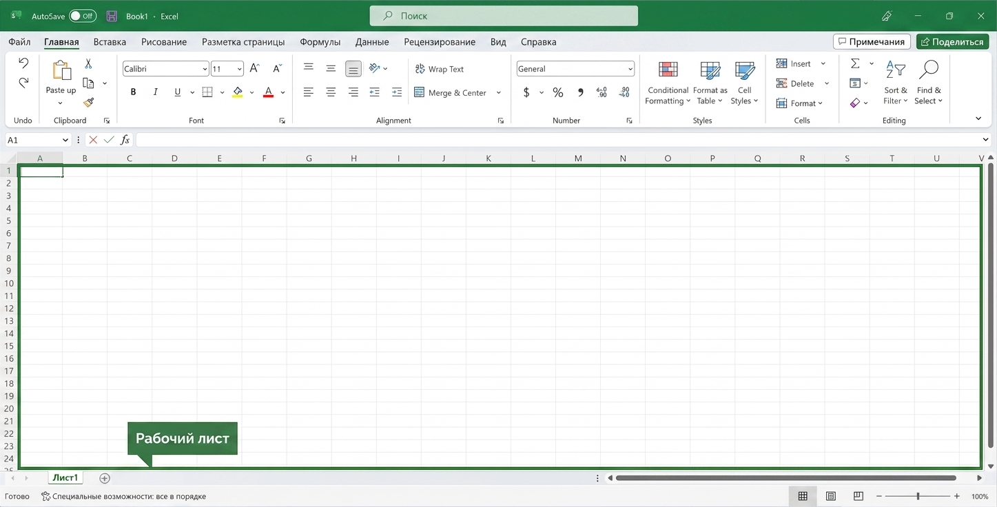 Файл Excel с выделенной областью листа