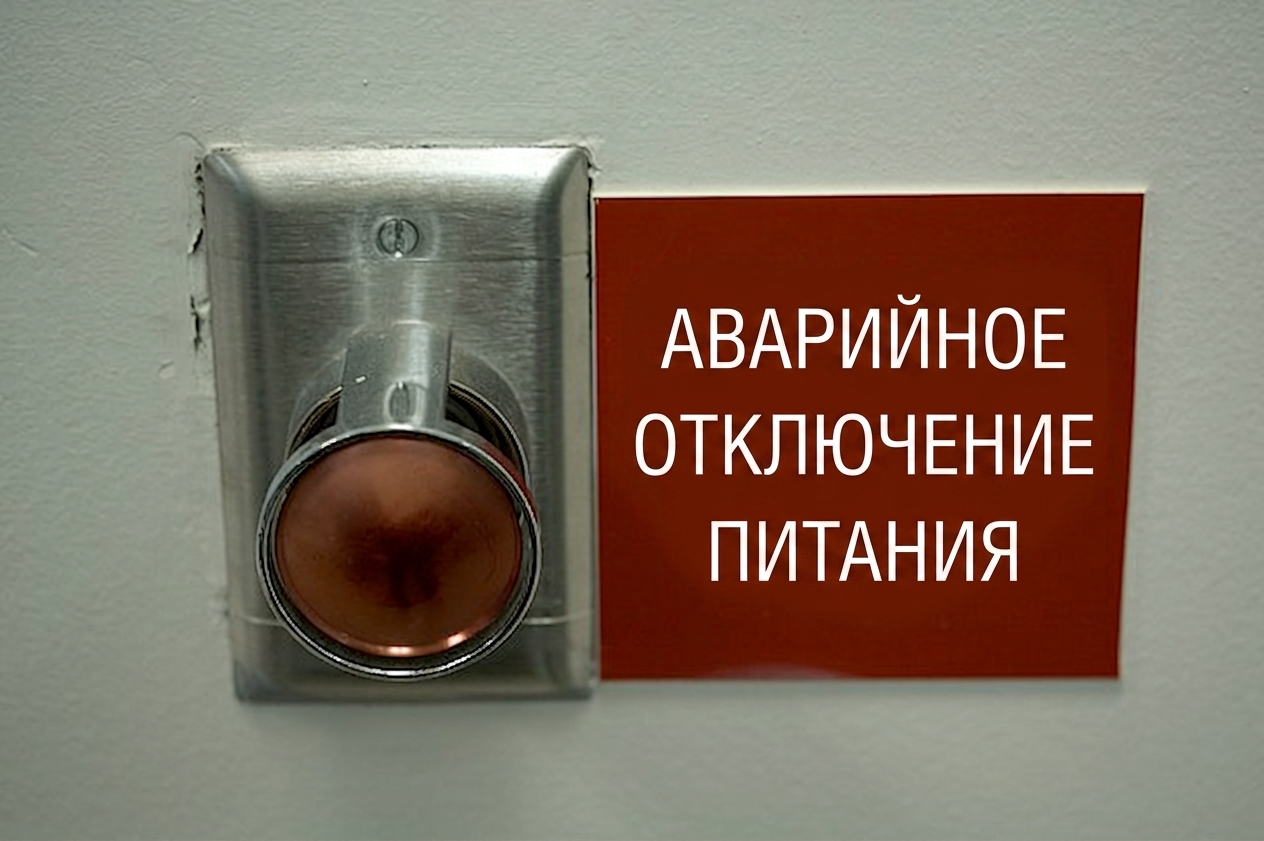 Изображение большой красной кнопки с табличкой «Аварийное отключение питания»