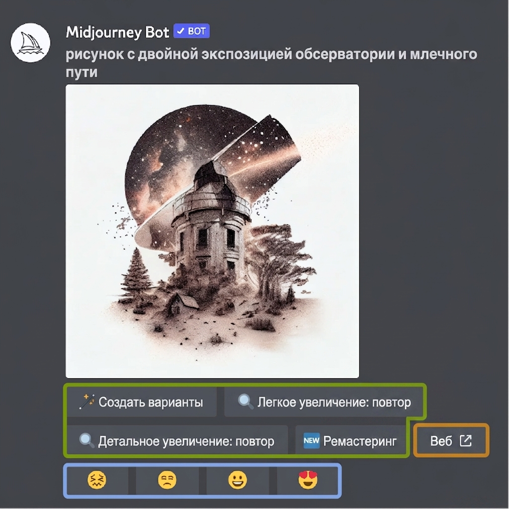 Скриншот интерфейса Midjourney с опциями оценки результата генерации изображения.