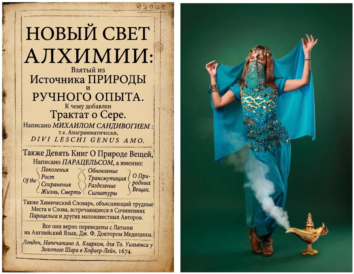 Изображения алхимической рукописи и джинна из волшебной лампы