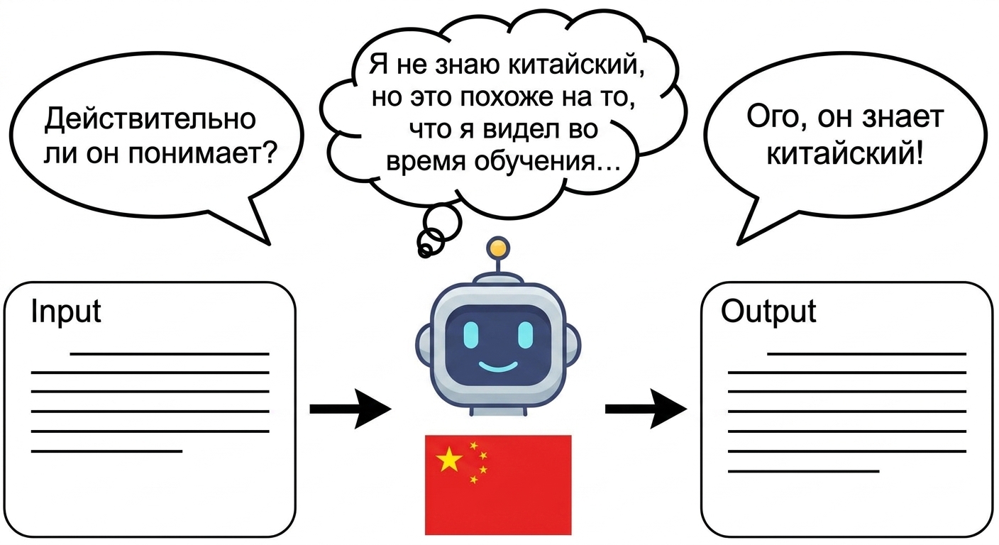 Робот получает на вход китайские иероглифы и выдаёт китайские иероглифы. Внутри блока он рассуждает: «Я не очень понимаю китайский, но это похоже на то, что я видел во время обучения...»
