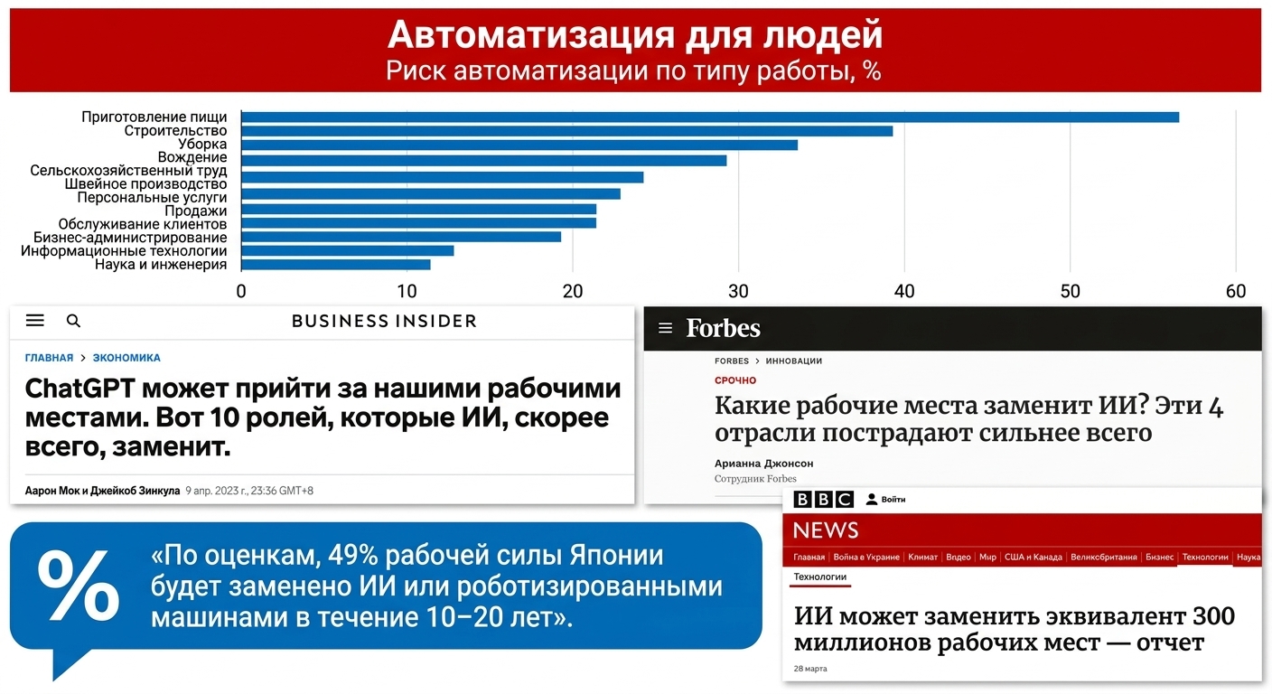 Заголовки новостей и графики о том, как ИИ заменит различные профессии