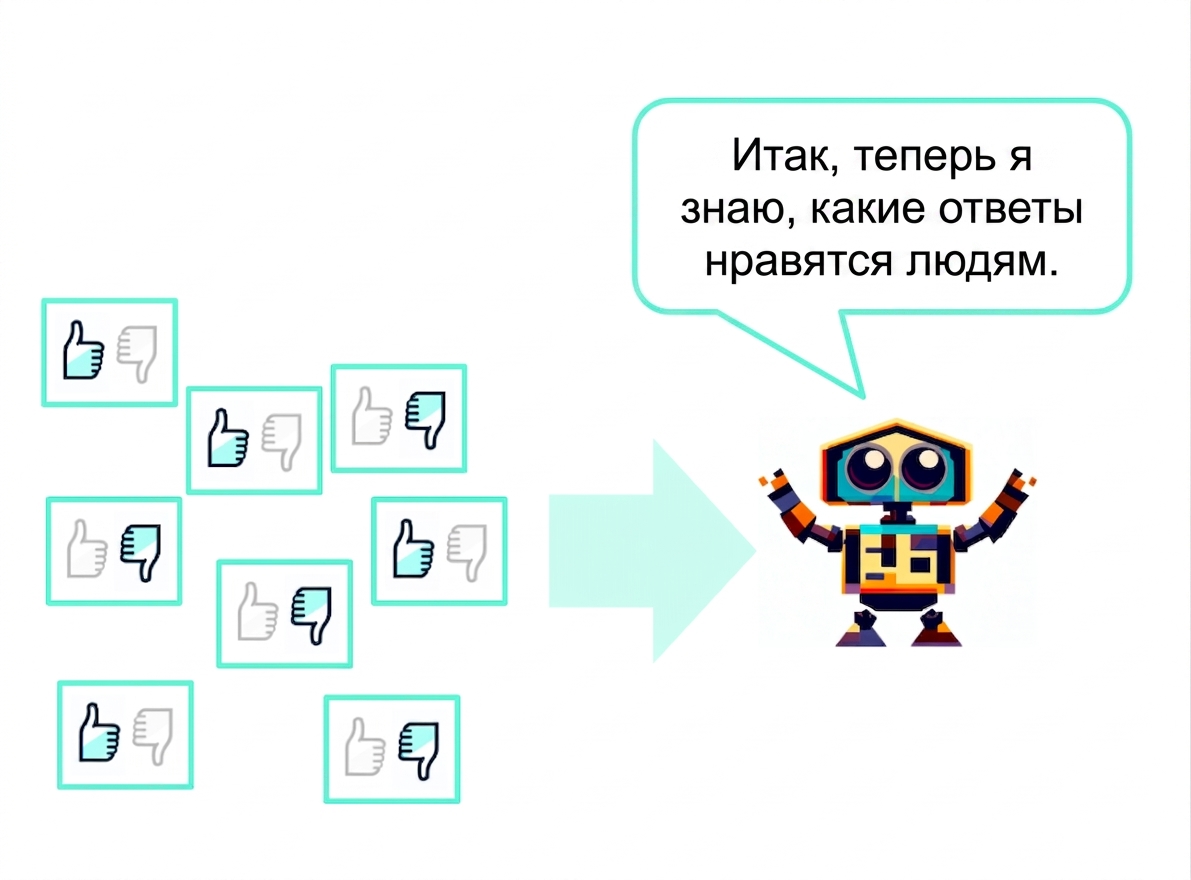 Несколько текстовых ответов с оценками «палец вверх» или «палец вниз» передаются роботу, который говорит: «Теперь я знаю, какие ответы нравятся людям»