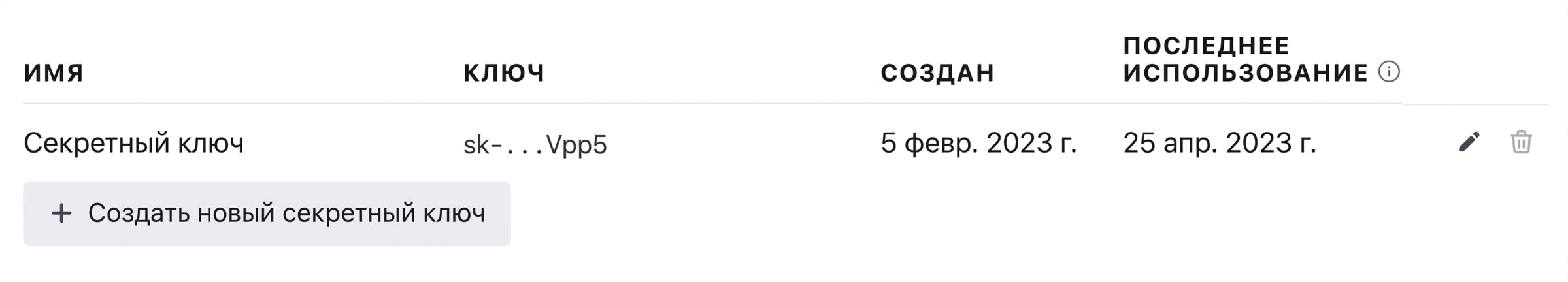 Кнопка создания нового секретного ключа.