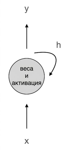 Схема простого рекуррентного нейрона: нейрон применяет веса и функцию активации, получает вход x и формирует выходы y и h, где h подаётся обратно на вход.
