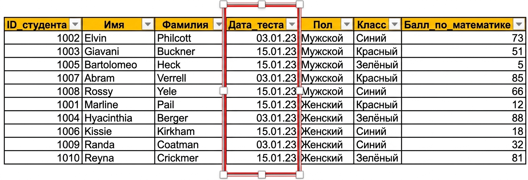 Пример таблицы с тестовыми данными студентов в Excel с выделенным столбцом даты test_date