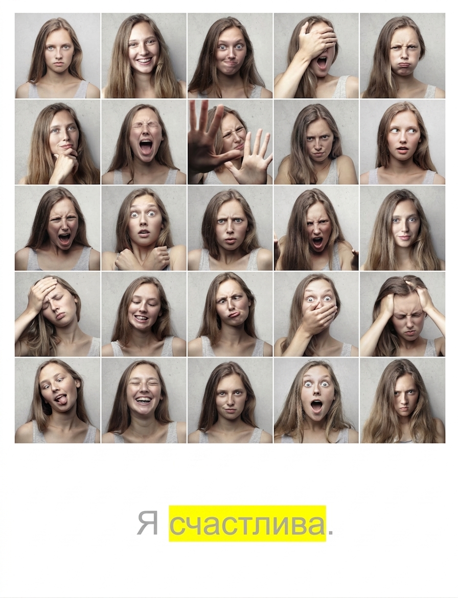 Ряд эмоций и фраза «I am happy» с выделенным словом «happy».