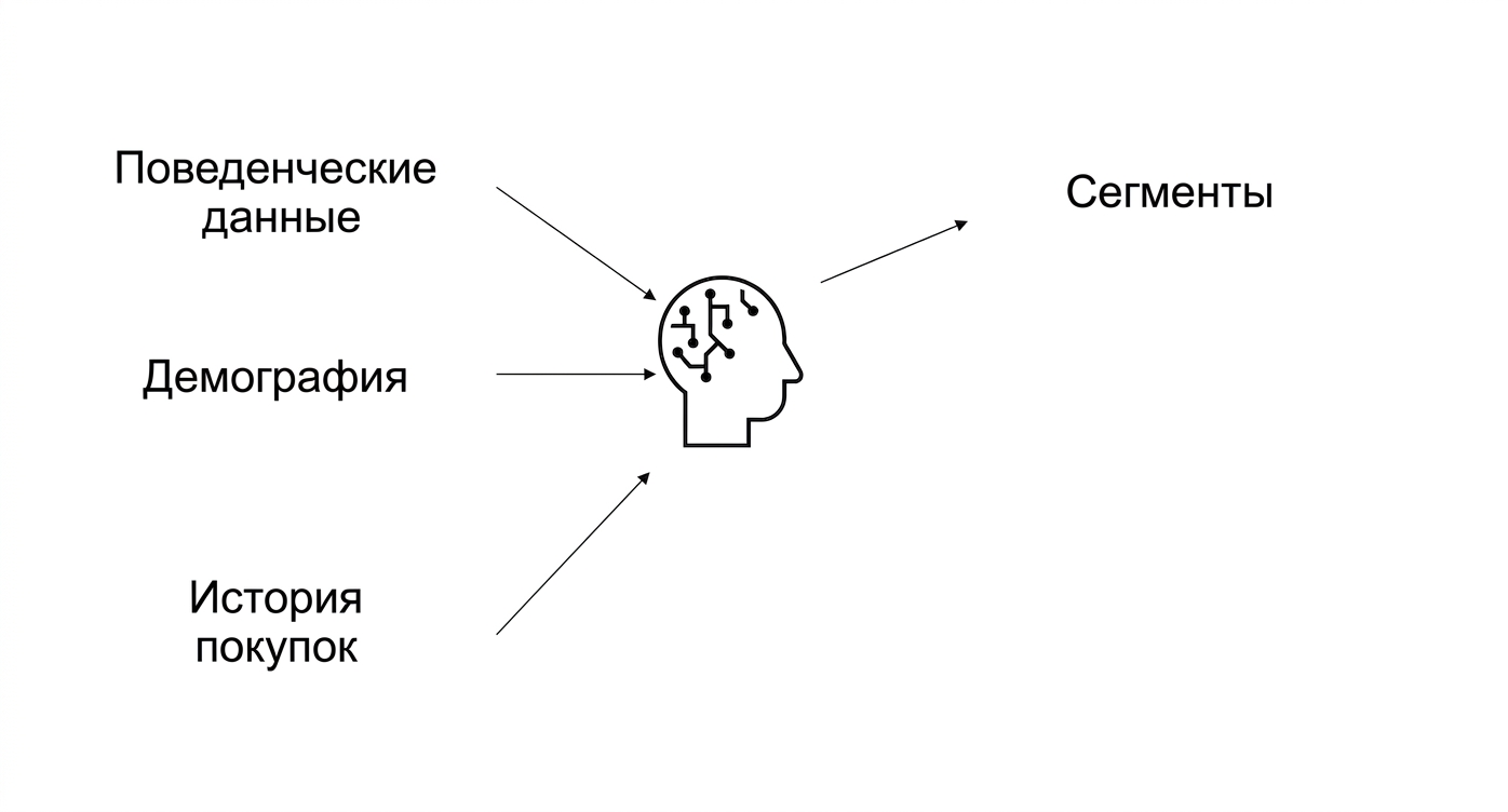 Поведенческие данные, демографические данные и история покупок используются в ИИ для формирования сегментов.