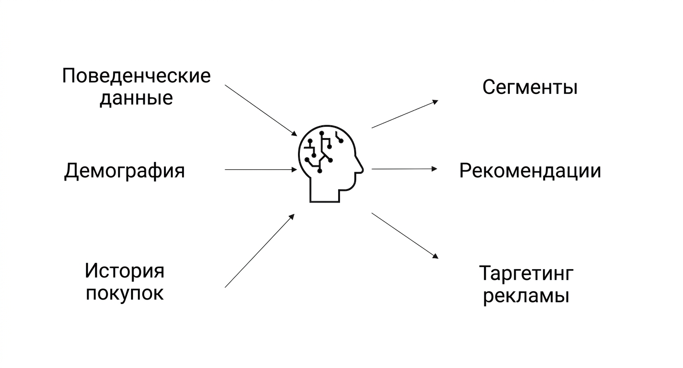 Поведенческие данные, демографические данные и история покупок используются в ИИ для таргетированной рекламы.