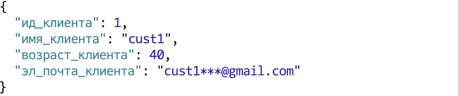 Пример JSON-записей клиентов с идентификатором, именем, возрастом и email