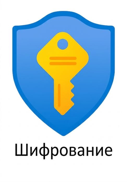 Мультяшный щит с ключом и надписью «шифрование» внизу