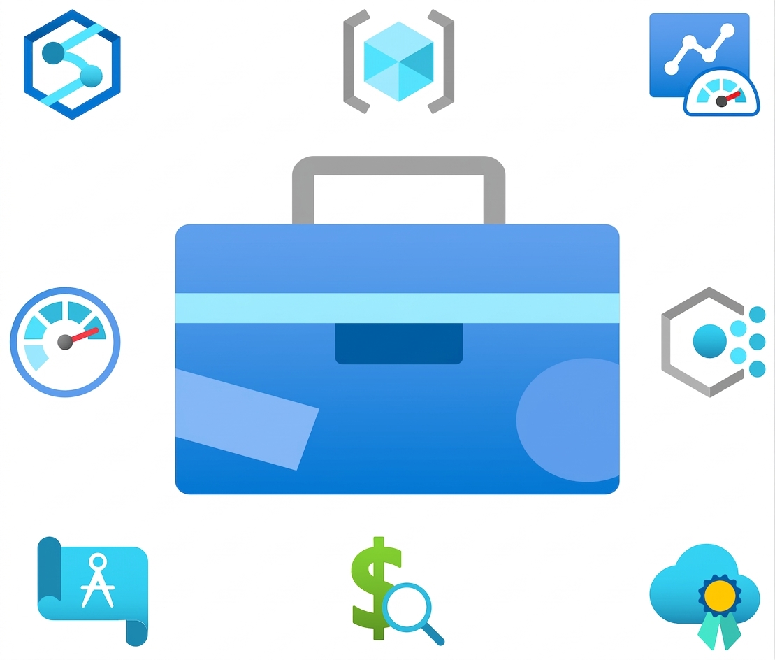 Рисунок ящика с инструментами и иконками Microsoft Azure вокруг него