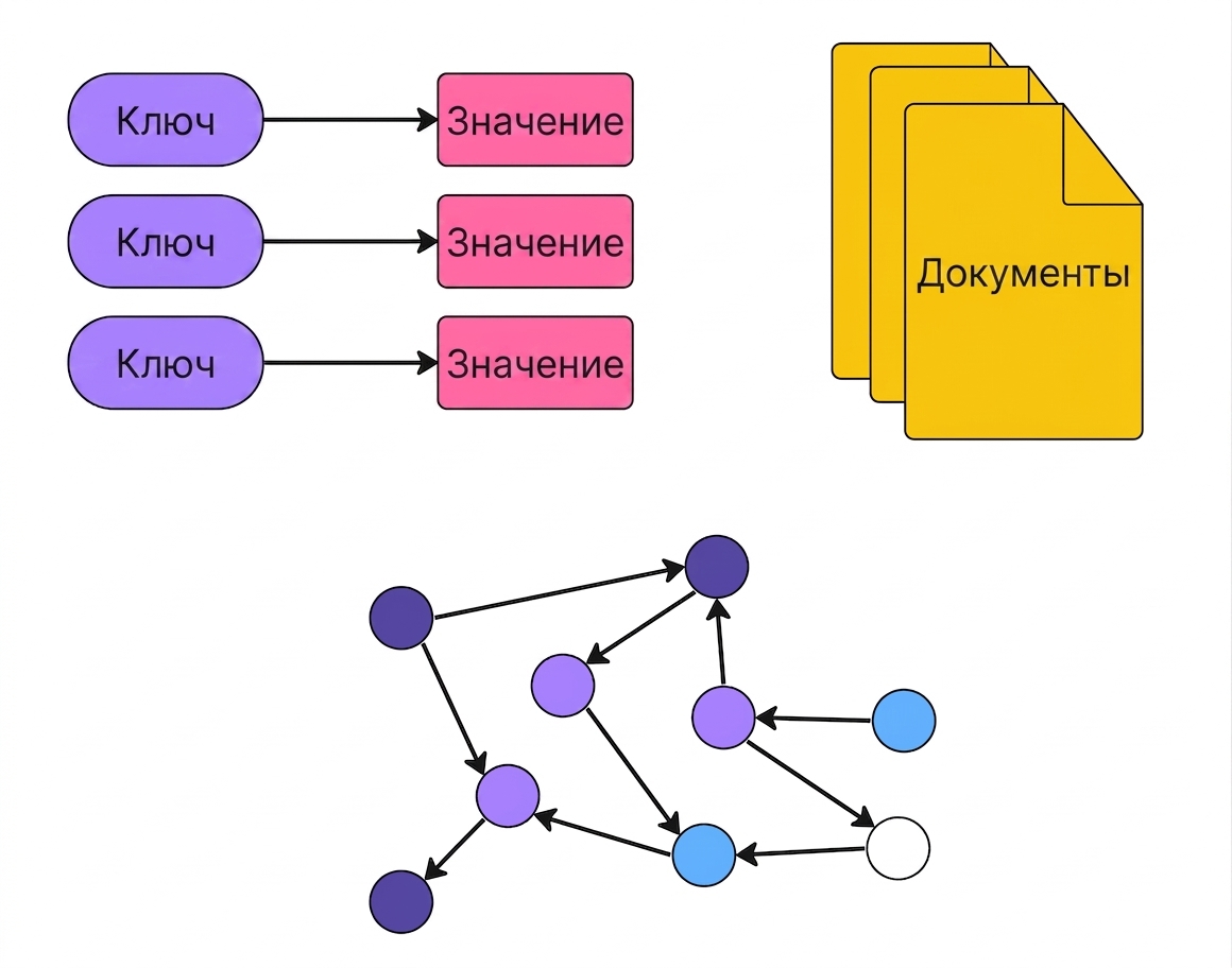 Примеры схем NoSQL-баз данных: «ключ — значение», документные и графовые.