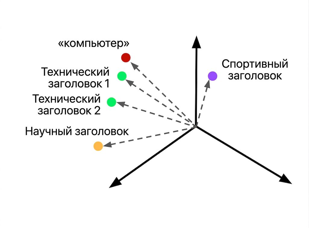 Векторное представление поискового запроса в пространстве эмбеддингов рядом с несколькими статьями на разные темы.