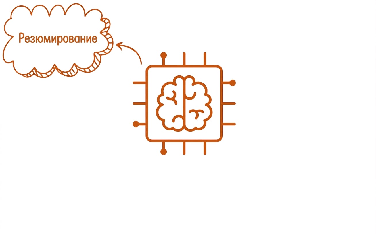 Абстрактная иллюстрация большой языковой модели с пузырём «Резюмирование»