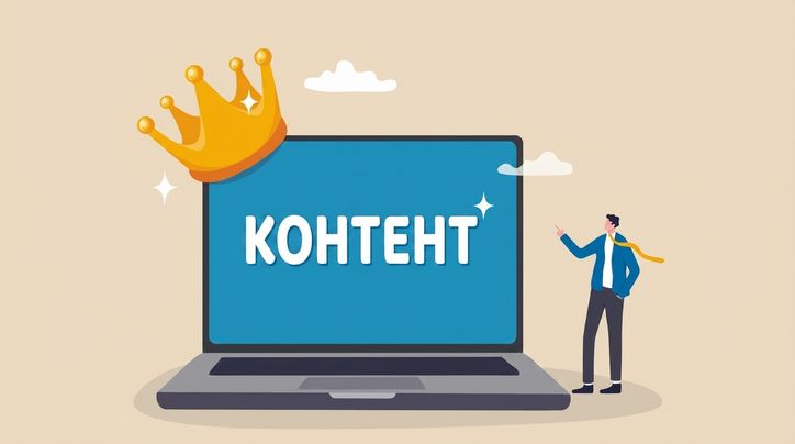 Ноутбук со словом «content» и короной сверху