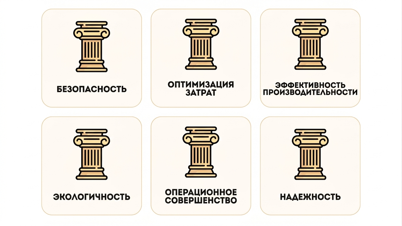 Шесть столпов фреймворка: безопасность, оптимизация затрат, эффективность производительности, устойчивость, операционное совершенство и надёжность