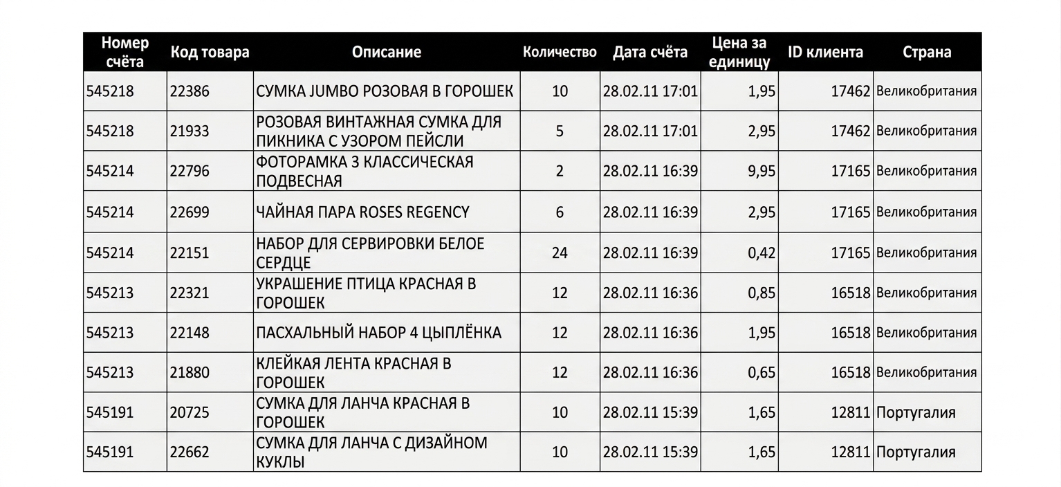 Строки таблицы интернет-магазина