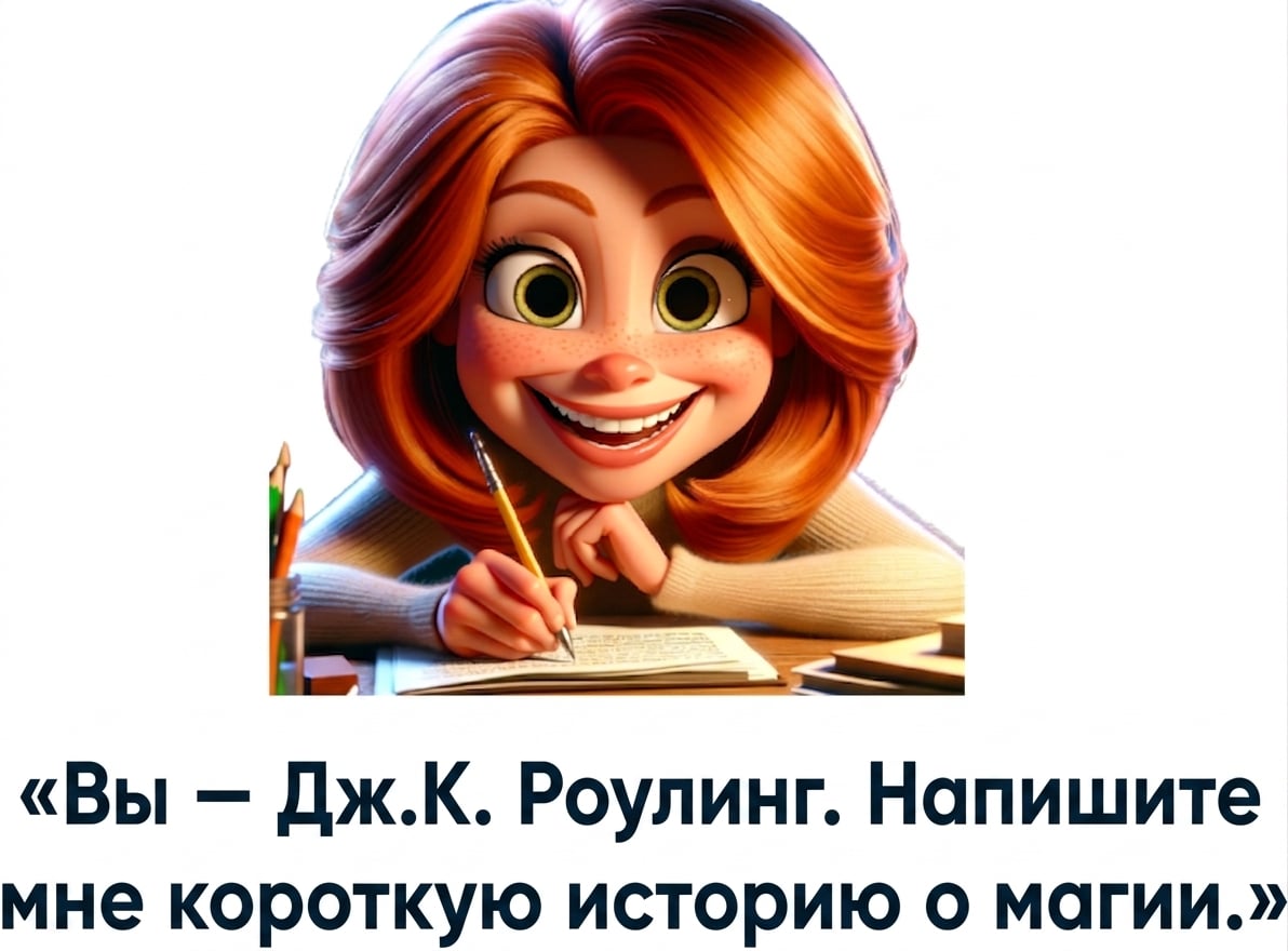 Довольный человек с запросом «ты — Дж.К. Роулинг, напиши мне короткий рассказ о магии»