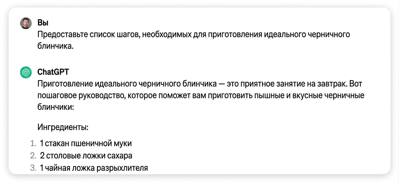 Ответ ChatGPT на запрос о пошаговом рецепте идеальных черничных блинов