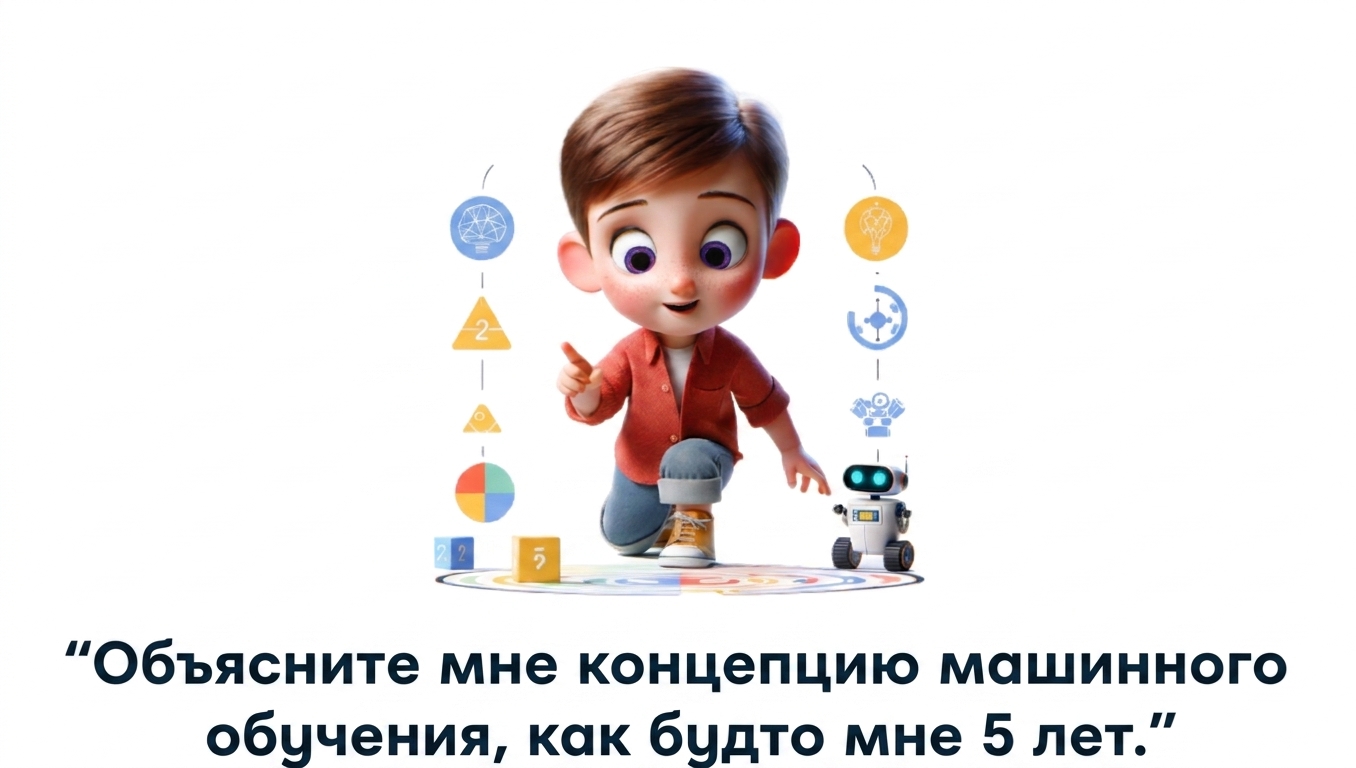 Иллюстрация с пятилетним ребёнком и запросом «explain the concept of machine learning like i'm a 5 year old»