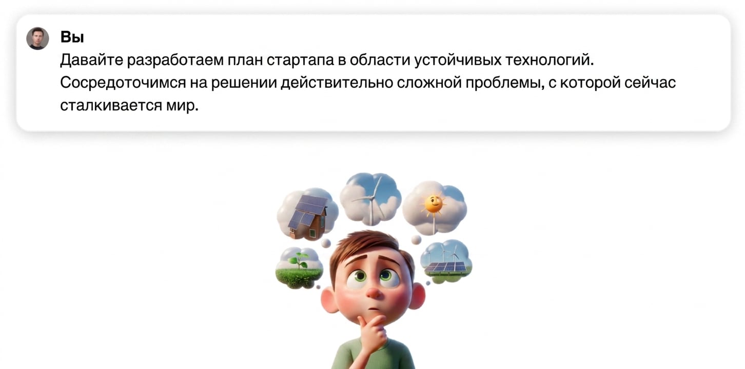 Мультяшная иллюстрация ребёнка, думающего об устойчивых технологиях