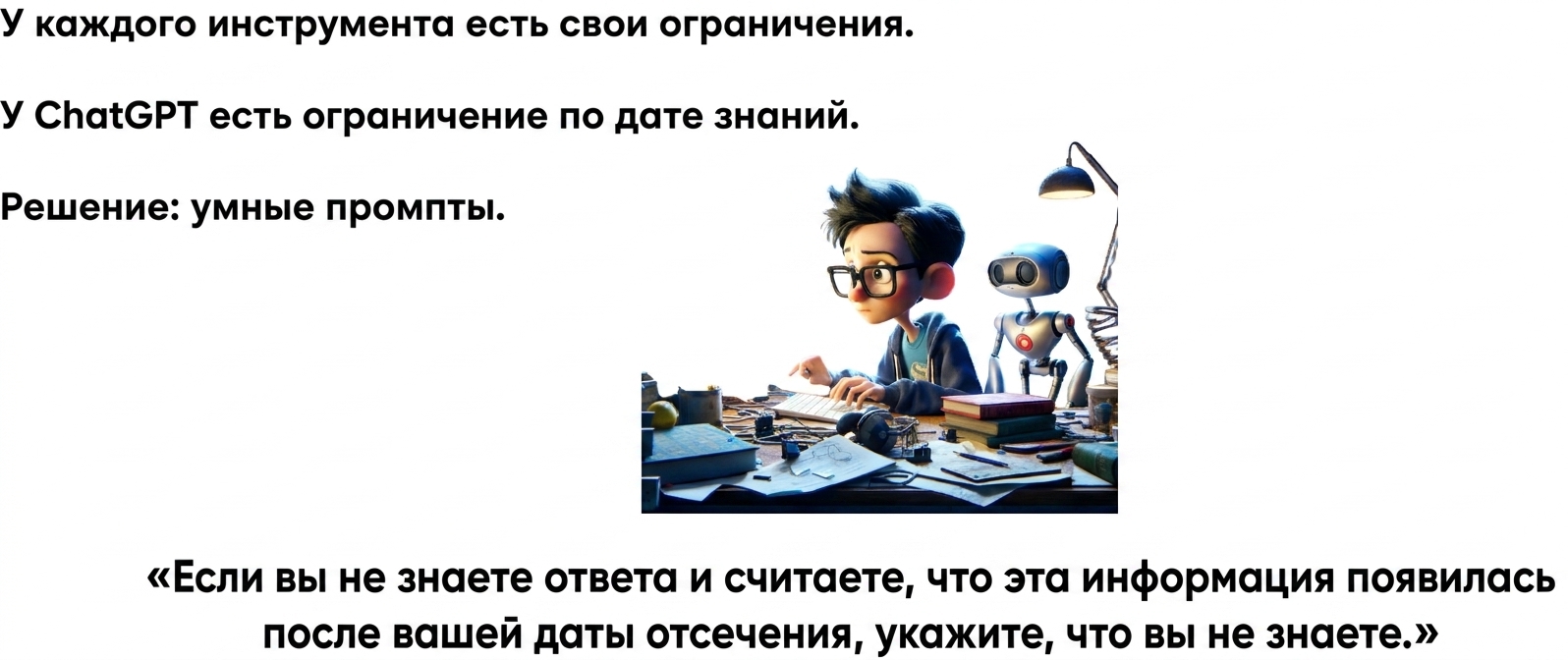 У каждого инструмента есть ограничения. У ChatGPT есть дата обрезки знаний. Решение: грамотные промпты.
