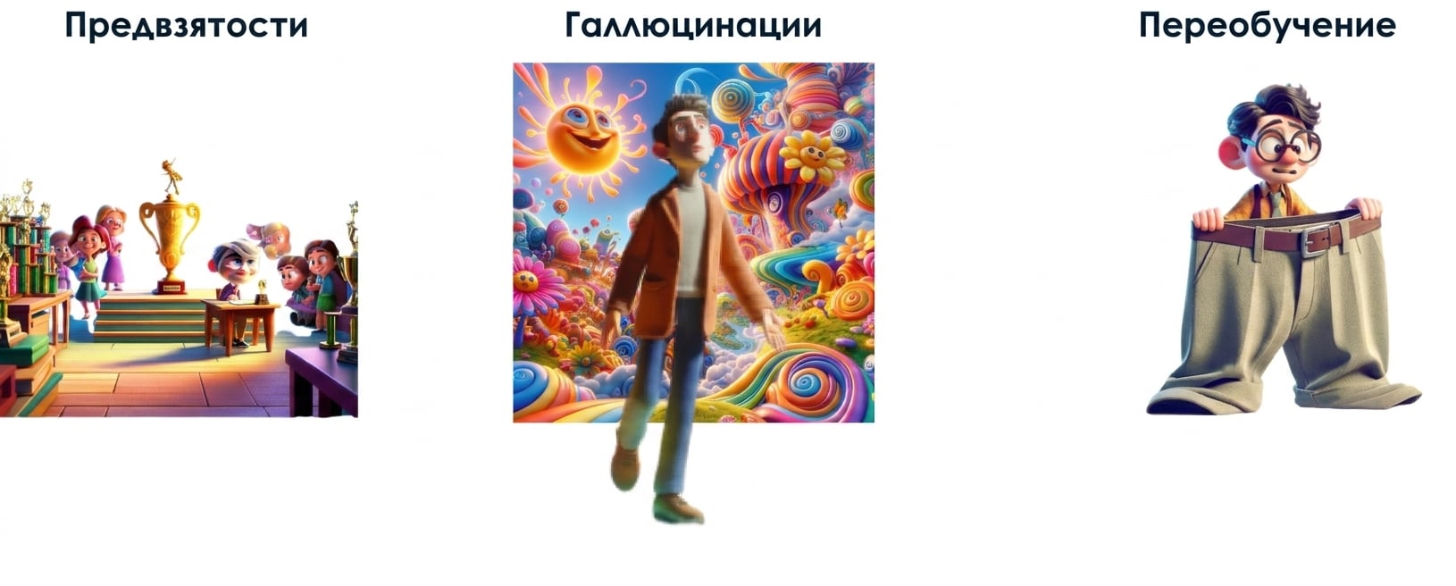 Мультяшные иллюстрации: ребёнок за партой с наградой под взглядами сверстников, галлюцинирующий человек и подросток в непомерно больших брюках