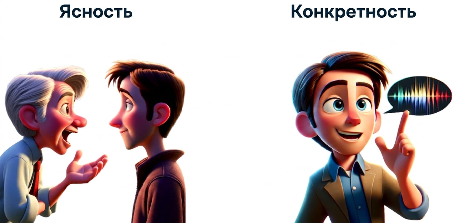 С одной стороны — двое собеседников (иллюстрация ясности), с другой — человек с речевым пузырём (иллюстрация конкретности)