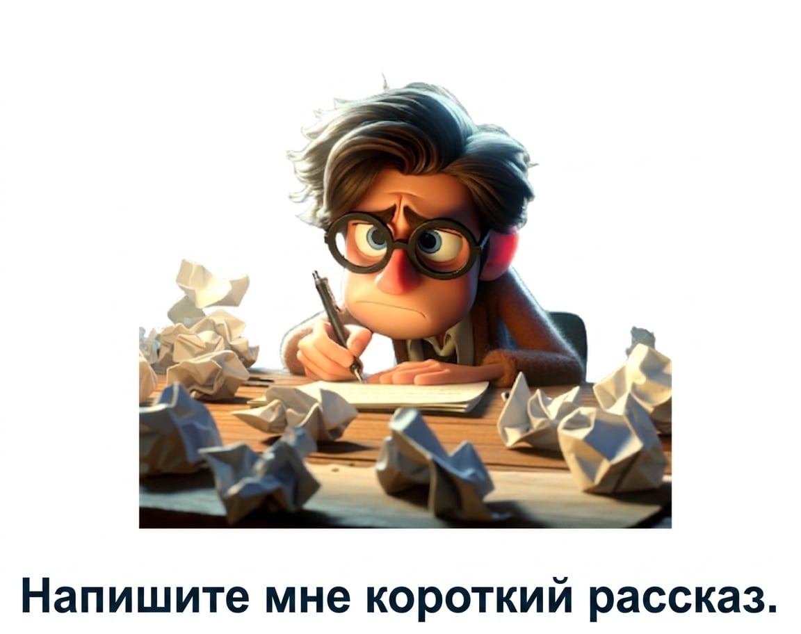 Растерянный и уставший человек с запросом «напиши мне короткий рассказ»