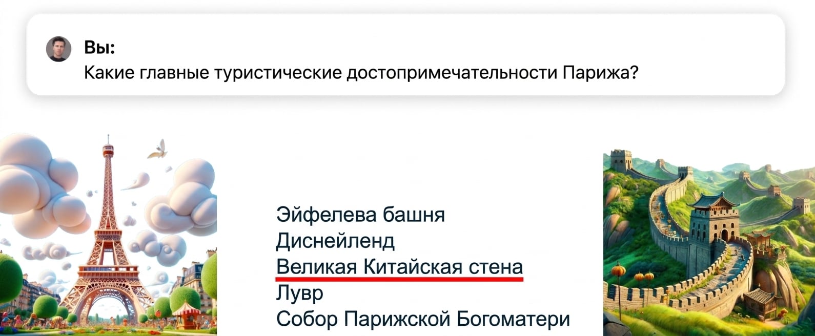 Вопрос о главных туристических достопримечательностях Парижа с выделенным неверным ответом