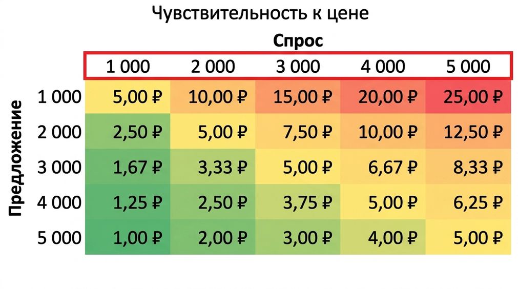 Таблица чувствительности с выделенными значениями спроса