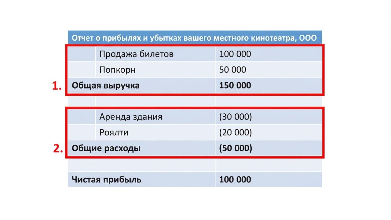 Пример отчёта о прибылях и убытках: выручка и расходы выделены красным