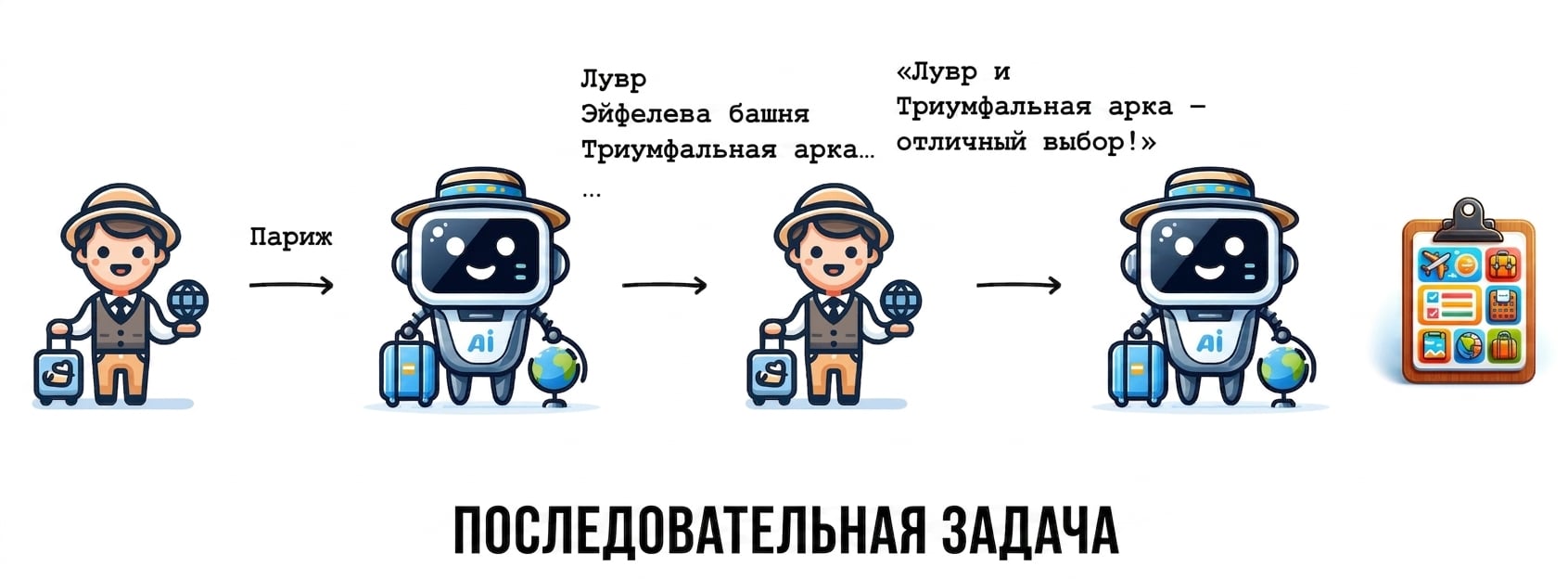 Этот сценарий планирования поездки — пример последовательной задачи.
