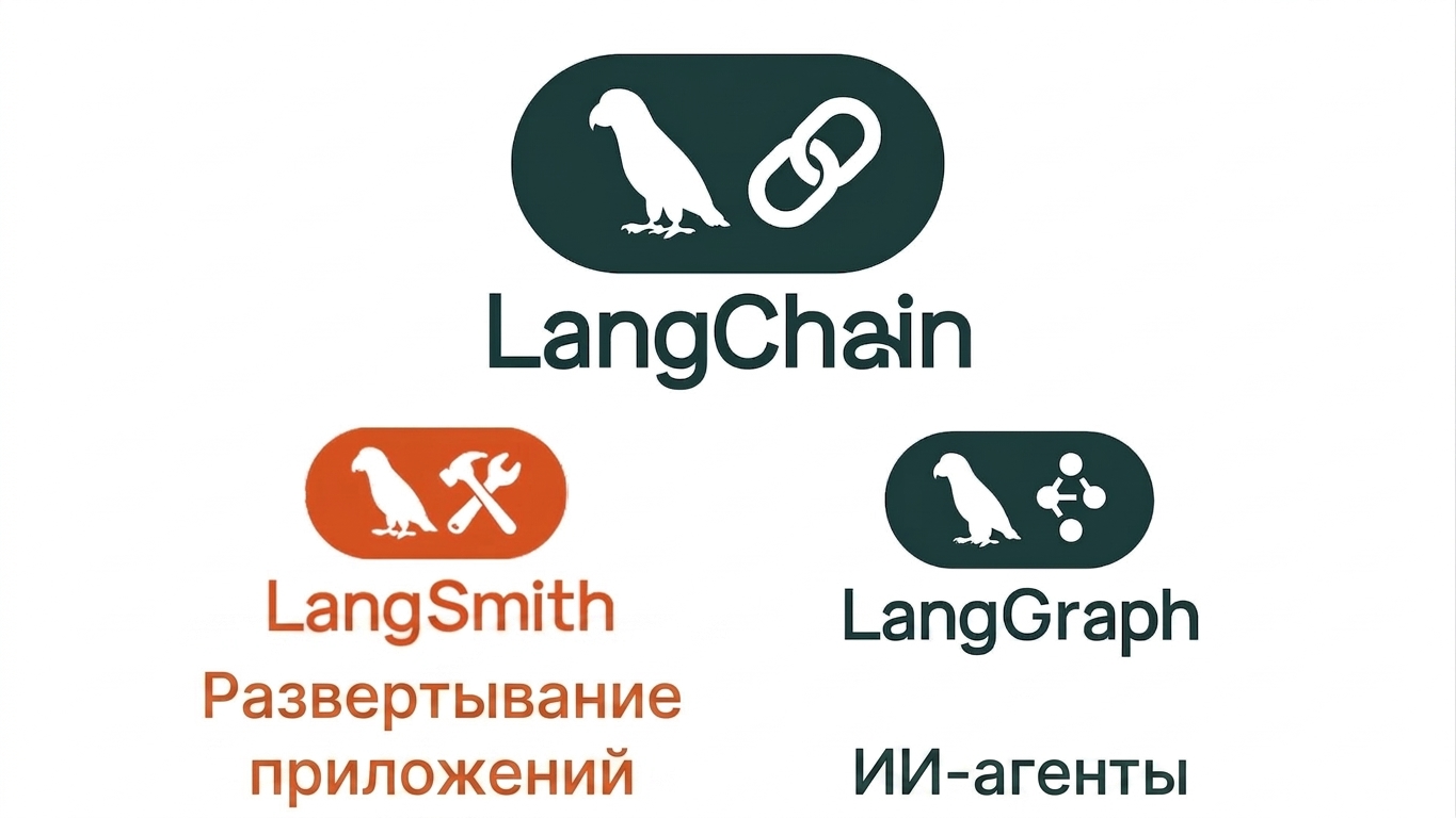 Экосистема LangChain, включающая LangChain, LangSmith и LangGraph.