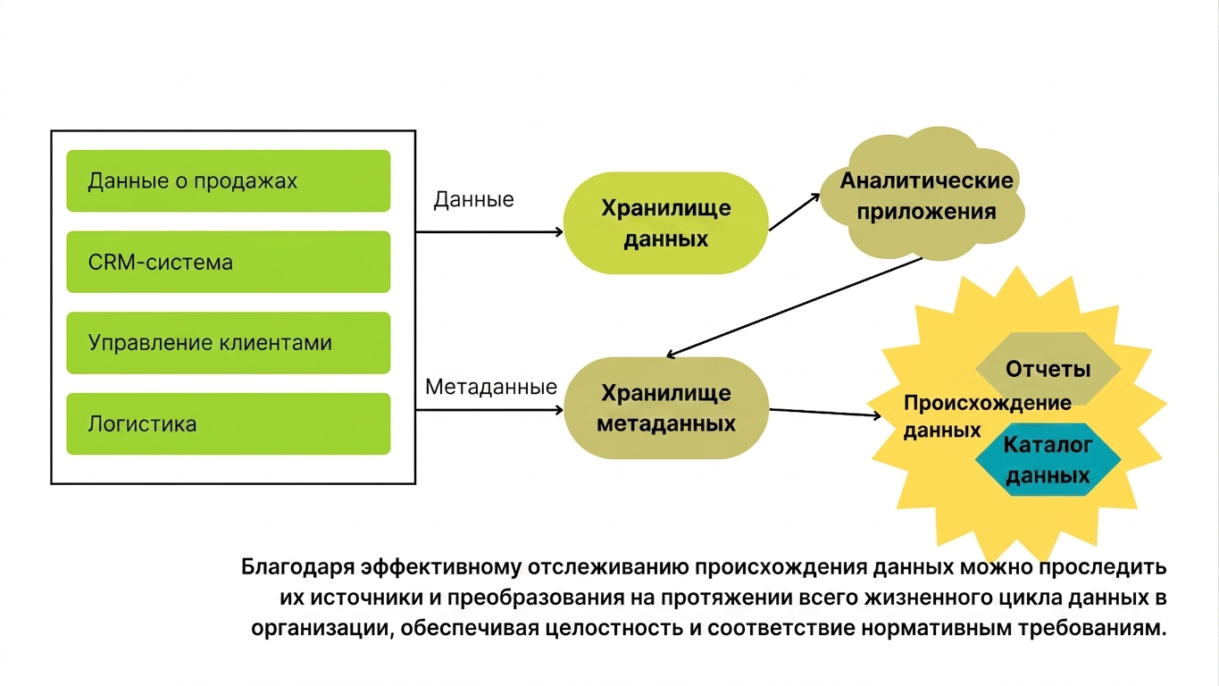 Системные данные слева преобразуются в отчёты и каталоги данных через управление метаданными