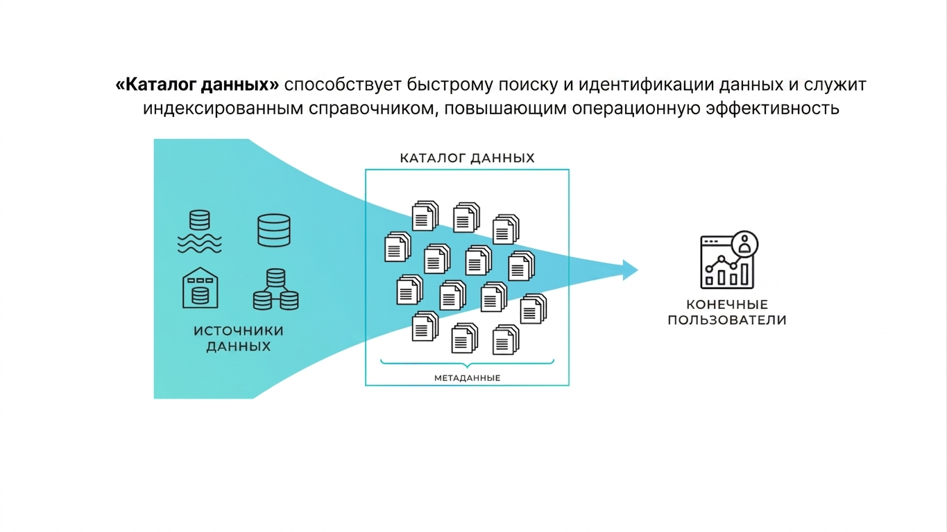 Разрозненные системы данных слева объединяются в упорядоченный стек в центре, стрелка ведёт к конечному пользователю справа