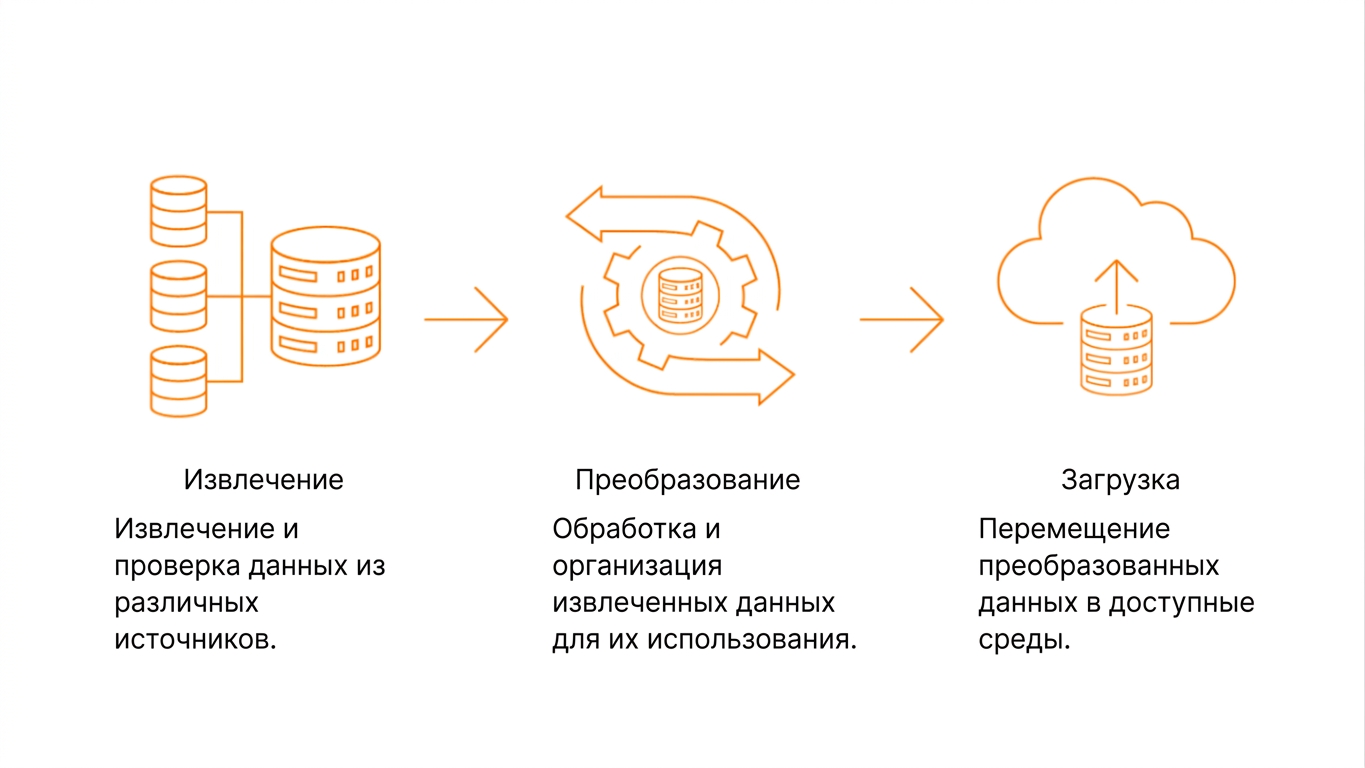 Иконки баз данных, шестерёнки и облака, символизирующие процесс ETL