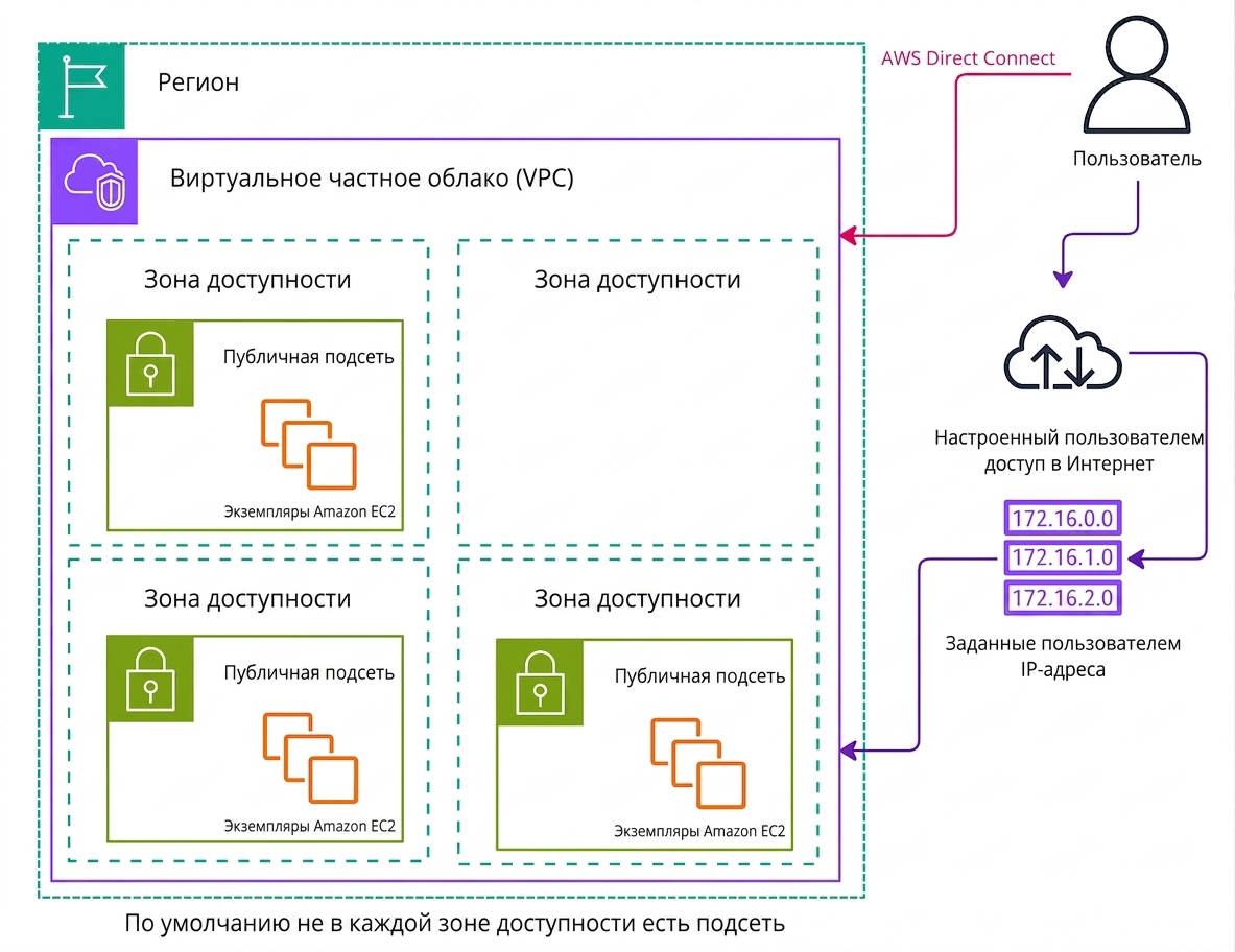 Архитектурная схема, поясняющая пользовательский VPC в AWS.
