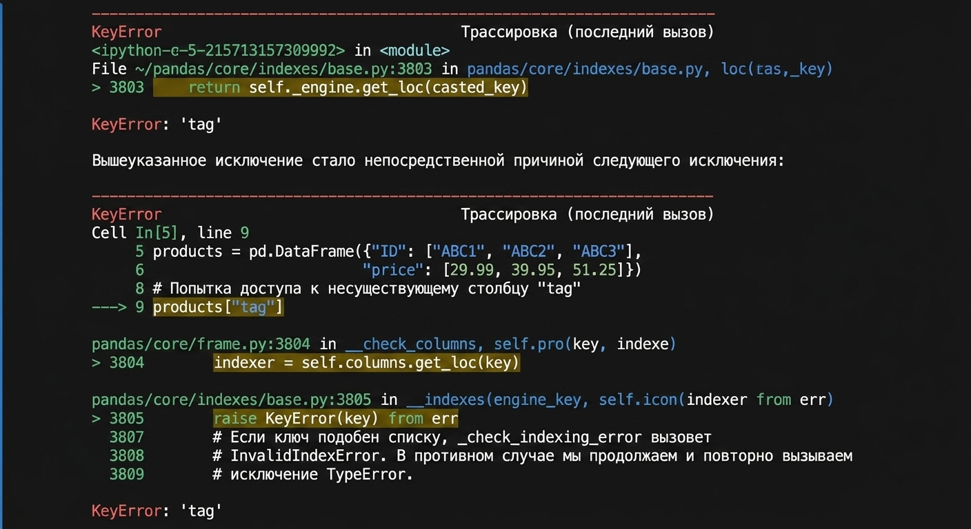 Трассировка при обращении к несуществующему столбцу DataFrame pandas