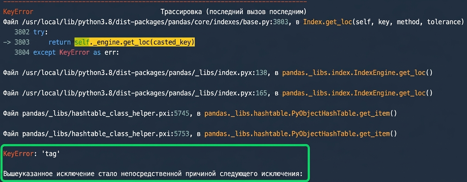 Трассировка с выделенным KeyError