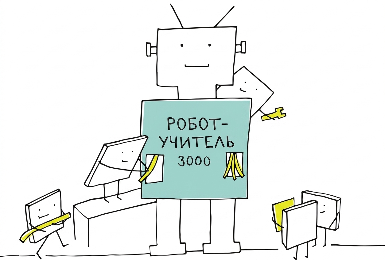 Игривое изображение мультяшных персонажей, строящих огромного робота